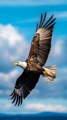 Obraz premium Bald Eagle in Flight Against a Vivid Blue Sky and Distant Landscape bird flying photo