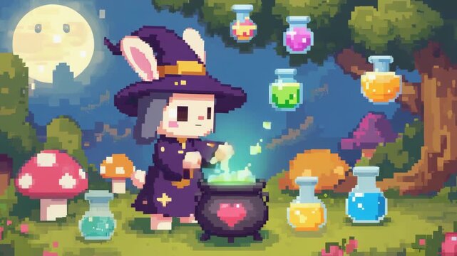 Pixelated Bunny Witch Brewing Potion Under Smiling Moon in Enchanted Forest. footage video
