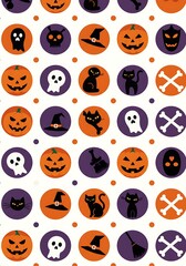 Halloween themed circular pattern featuring pumpkins, ghosts, cats, witches' hats, and skulls.