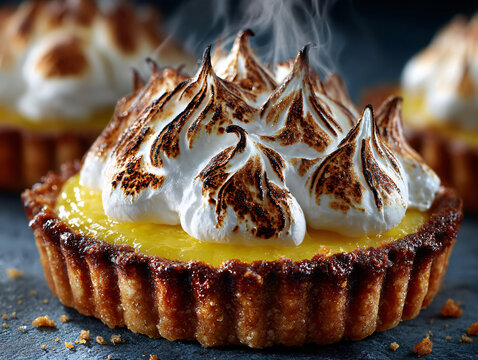 a close-up of a lemon tart with a baked meringue topping. The meringue has a slightly browned, toasted appearance on top of the tart, which is filled with a bright yellow lemon curd.
