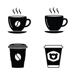 Four black silhouette icons representing hot coffee cups and takeaway coffee cups with steam and coffee bean graphics