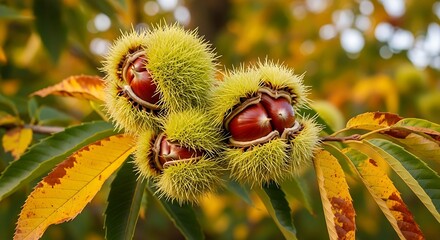 Captivating Chestnut Cluster Displaying Autumnal Hues and Thorny Protective Husks on a Branch
