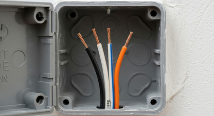 Electrical wiring project displays exposed wires in junction box waiting for connections, showcasing colorful insulation and copper strands.