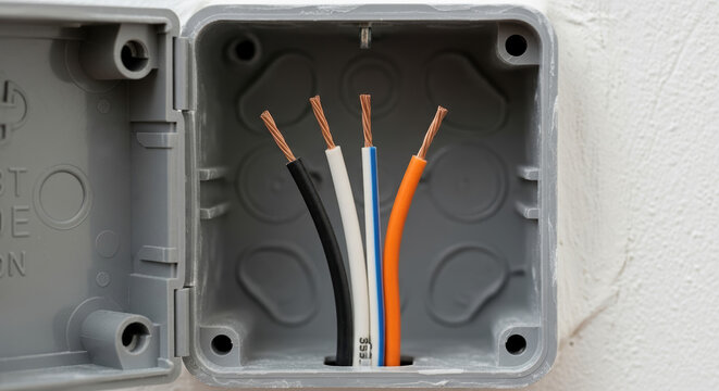 Electrical wiring project displays exposed wires in junction box waiting for connections, showcasing colorful insulation and copper strands.