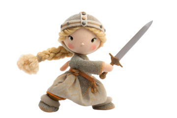 cute warrior doll ready for battle with sword isolated on white background