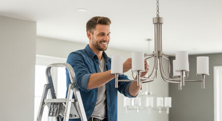 Installing light fixture at home, man on ladder fixes ceiling lamp. Installing light fixture requires expert installation of new lamp, adding interior design to home.