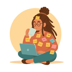 Young woman drinking coffee and working on laptop with sticky notes and reminders flat illustration isolated on white background