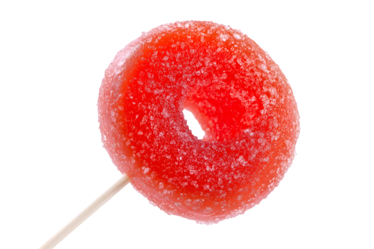 Close up of a red candy lollipop on a stick isolated on white background