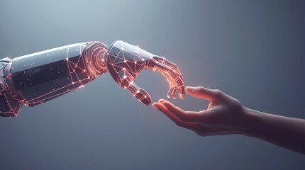 Robotics and Automation. stylized, robotic arm made of glowing lines and geometric shapes. The arm is positioned to reach for a human hand. The color palette is a metallic gray with a soft