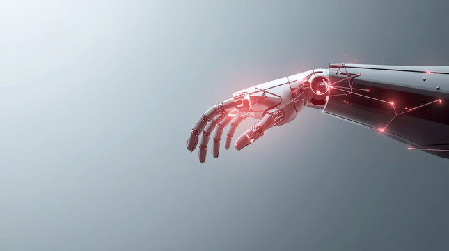 Robotics and Automation. stylized, robotic arm made of glowing lines and geometric shapes. The arm is positioned to reach for a human hand. The color palette is a metallic gray with a soft