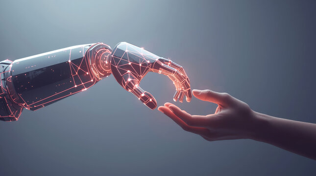Robotics and Automation. stylized, robotic arm made of glowing lines and geometric shapes. The arm is positioned to reach for a human hand. The color palette is a metallic gray with a soft - Powered by Adobe