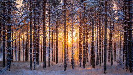 Obraz premium Golden sunbeams pierce through a snowcovered pine forest, casting a warm glow on the winter landscape
