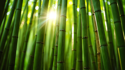 Fototapeta premium Sunlight streams through a dense bamboo forest, illuminating the vibrant green stalks and creating a serene, natural atmosphere