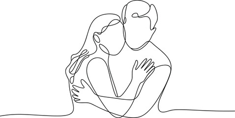 Romantic couple hugging line art drawing, minimal continuous sketch illustration of love, relationship intimacy, affection, togetherness, passion, emotional connection.