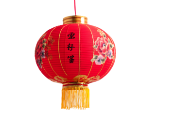 red lantern with floral design and tassel isolated on white background