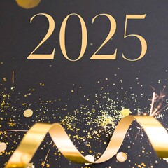 Gold 2025 celebration, confetti, ribbon, sparkles