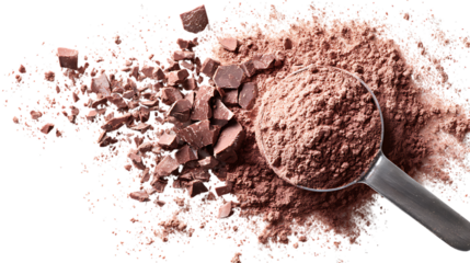 Scoop of chocolate protein powder with scattered pieces isolated on white background. 
