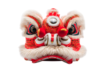 Traditional lion dance head with ornate details isolated on white background