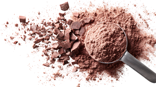 Scoop of chocolate protein powder with scattered pieces isolated on white background. 