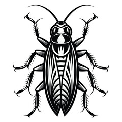 Monochrome Vector Illustration of a Detailed Cockroach with Prominent Legs and Antennae Showing Intricate Patterns on its Body