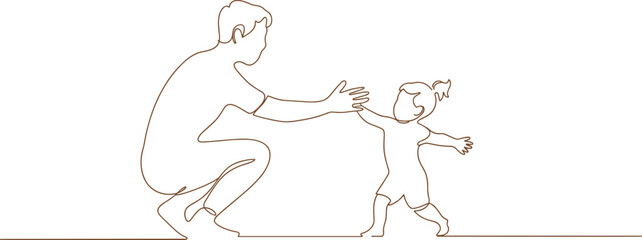 Father and child walking together line art illustration, family bonding, parenting love, parent support, childhood care, minimal design, simple drawing.