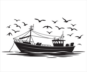 Vector silhouette of fishing trawler ship sailing on ocean waves illustration
