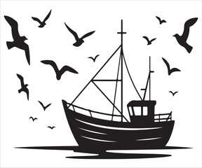 Silhouette of fishing boat sailing on sea vector illustration, trawler ship with nets and equipment, black marine vessel outline symbolizing ocean fishing industry, nautical transport, maritime graphi