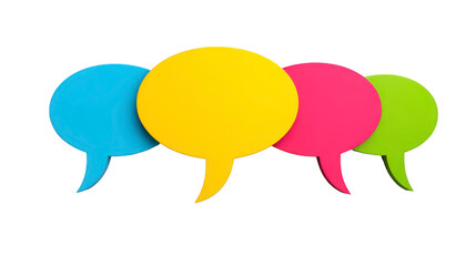 Colorful speech bubble shapes overlapping on transparency background, representing communication, conversation, and creative ideas in playful and modern style
