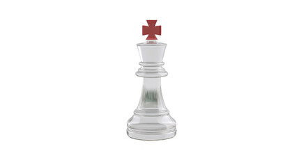Glass chess king piece standing upright, transparent with red cross on top, isolated on transparency background, symbolizing leadership, strategy, and intelligence in calm and focused mood