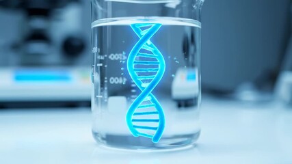 Glowing DNA Helix in Laboratory Beaker - A bright blue, luminous DNA double helix is suspended in a clear beaker filled with liquid. - Powered by Adobe