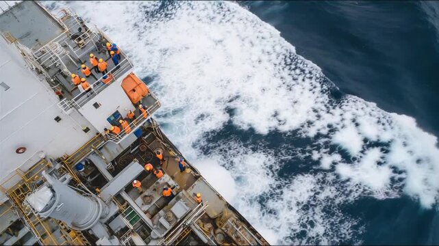 Aerial view of a cargo ship deck highlights crew in vibrant life jackets during muster station drills, set against the ship's gray structures and serene ocean waves.