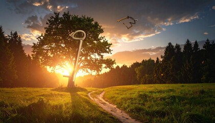 Fantasy tree of light—ancient sprawling tree glowing with golden radiance, ornate key embedded in lush meadow, starry night sky with clouds and bird in flight, magical and serene atmosphere.