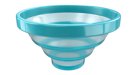 Transparent plastic funnel with blue rim, wide top and narrow bottom, used for pouring liquid or powder, isolated on transparency background, clean and modern design