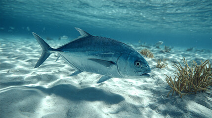 Trevally fish swimming close to sandy ocean floor in clear tropical water