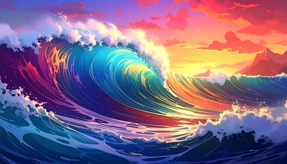 Vibrant, colorful ocean waves at sunset
