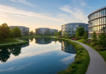 Modern Corporate Campus Features Elegant Curved Office Buildings Reflected In A Tranquil Lake Surrounded By Lush Green Landscape Under A Serene Sky At Sunset.
