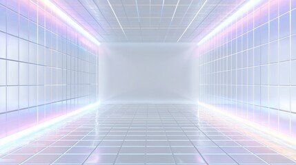 Obraz premium Minimalist NFT background, clean white gradient with subtle glowing neon grid lines, spacious central area for artwork or text, futuristic digital aesthetic, 16:9