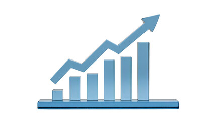 Rising bar chart with upward arrow, blue 3D graph, financial growth, business success, positive trend, data analysis, isolated on transparency background