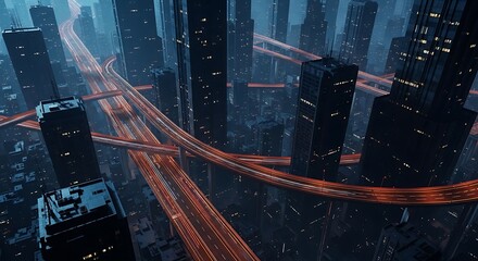 Futuristic Cityscape with Neon Highways and Falling Snow