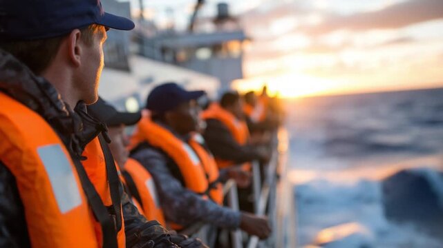 298Crew participates in a fire and safety drill on a ship, with lifeboats and a stunning ocean sunset in the background.