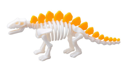 Dinosaur skeleton toy with yellow spikes, white plastic, isolated on transparent background, playful and educational, prehistoric animal model, fun and creative design