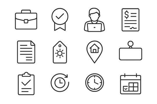 Employment Type Icons. Line style icons of employment types: full-time icon, part-time badge, freelance icon, contract document;