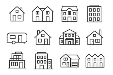 Residential Icon Collection. Line style icons of residential types: single family house, duplex, townhouse, apartment building;
