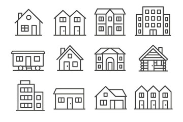 Residential Icon Collection. Line style icons of residential types: single family house, duplex, townhouse, apartment building;