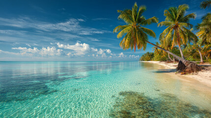 Tropical beach with palm trees and turquoise ocean under a bright blue sky