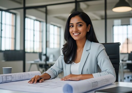 Smiling Young Indian Architect Working On Blueprints In A Bright Modern Office Environment.