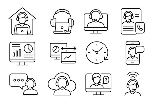Remote Support Icons. Line style icons of remote customer service: home agent icon, headset at desk, virtual call, remote CRM;