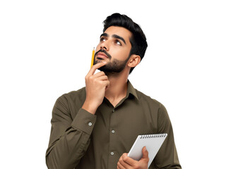 Contemplative young man with notepad engrossed in deep thought over complex challenges isolated