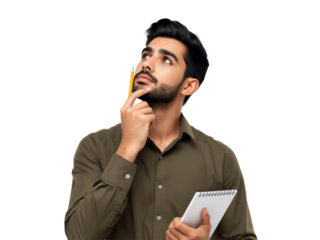 Contemplative young man with notepad engrossed in deep thought over complex challenges isolated