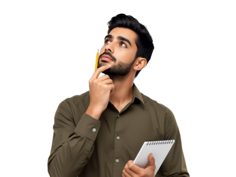 Contemplative young man with notepad engrossed in deep thought over complex challenges isolated - Powered by Adobe